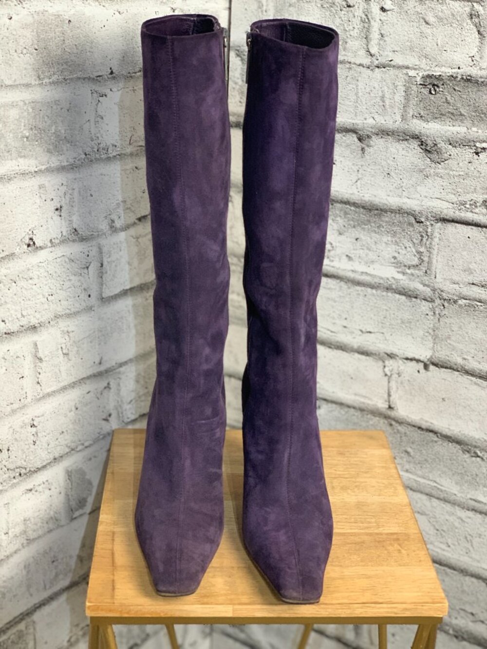 Donald Pliner Boot 8 Purple Suede Leather Pointy Toe Side Zip Stiletto Knee High - Picture 2 of 11